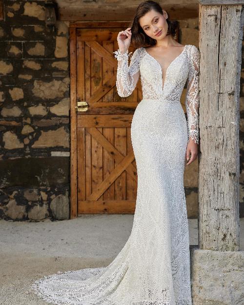Lp2224 long sleeve boho wedding dress with lace and keyhole back1